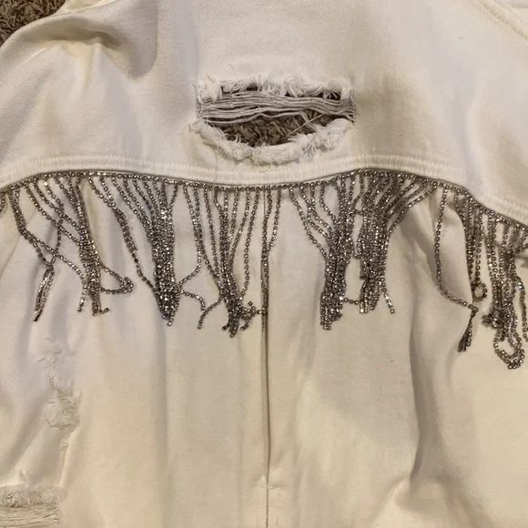White rhinestone fringe jean jacket - Picture 2 of 3